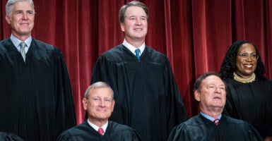 Washington, DC - October 7 : Members of the Supreme Court sit for a group photo following the recent addition of Associate Justice Ketanji Brown Jackson, at the Supreme Court building on Capitol Hill on Friday, Oct 07, 2022 in Washington, DC. Bottom row, from left, Chief Justice of the United States John Roberts, Associate Justice Samuel Alito. Top row, from left, Associate Justice Neil Gorsuch, Associate Justice Brett Kavanaugh, and Associate Justice Ketanji Brown Jackson. (Photo by Jabin Botsford/The Washington Post via Getty Images)