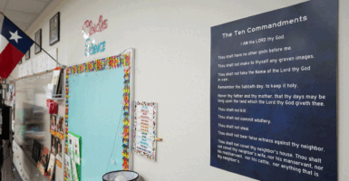 LEANDER, TX - NOVEMBER 19: A copy of the Ten Commandments is displayed in a classroom at Bagdad Elementary School in Leander on Wednesday, Nov. 19, 2025. Donated copies of the Ten Commandments have been placed in every classroom in accordance with a state law passed earlier this year that requires school districts to display them. (Jay Janner/The Austin American-Statesman via Getty Images)