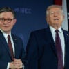 President Donald Trump and Speaker of the House of Representatives Mike Johnson attend the National Republican Congressional Committee's annual fundraising dinner March 25, 2026.