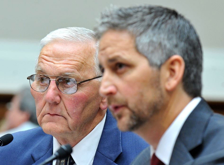 Austin "Jack" Decoster, left, and son Peter DeCoster testify before a House Energy and Commerce subcommittee during a hearing on the outbreak of salmonella in eggs, Sept. 22, 2010. (Photo: Kevin Dietsch/UPI/Newscom)