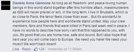 'We Witnessed the Horror': 15 Comments From Band's Facebook Post After the Paris Attacks 9 'We Witnessed the Horror': 15 Comments From Band's Facebook Post After the Paris Attacks