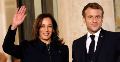 French President Emmanuel Macron hosts U.S. Vice President Kamala Harris on Nov. 10, 2021, in Paris.