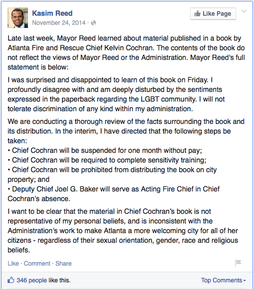Former Fire Chief Sues Atlanta, Mayor for Firing Him ‘Solely’ Because of His Beliefs About Marriage 2 Former Fire Chief Sues Atlanta, Mayor for Firing Him ‘Solely’ Because of His Beliefs About Marriage
