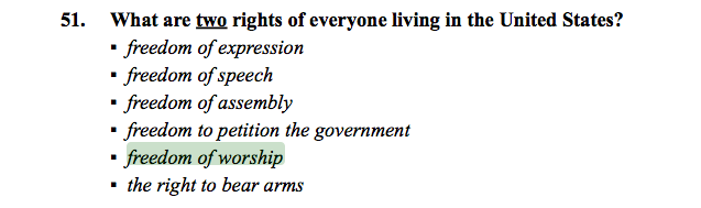 US Immigration Exam Replaces 'Freedom of Religion' With 'Freedom of Worship' 1 US Immigration Exam Replaces 'Freedom of Religion' With 'Freedom of Worship'