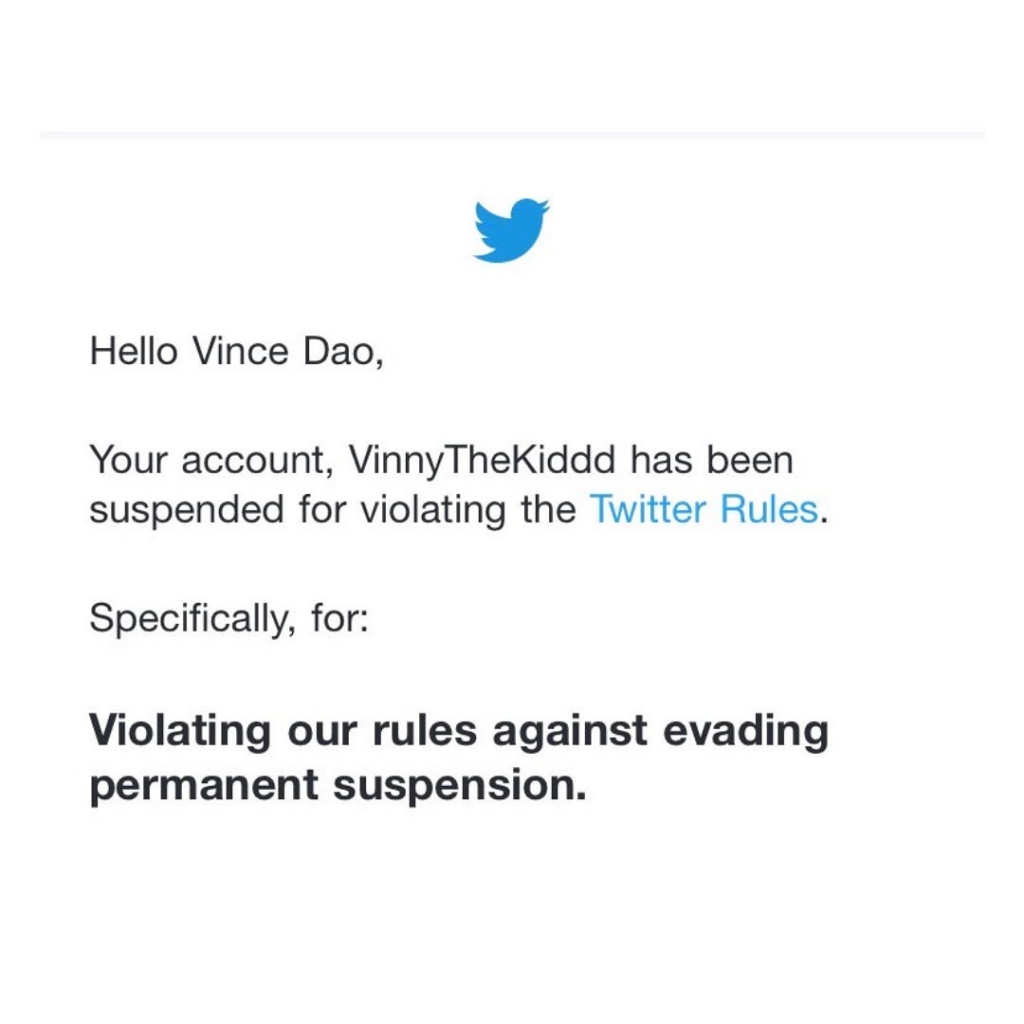 Twitter email telling Vince Dao he got suspended