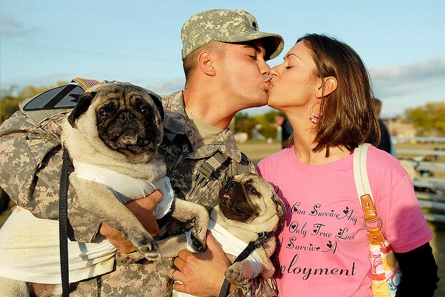 U.S. Army Spc. Leo Leroy gets a kiss from his wife and a welcome from his dogs Yoshi and Bruiser at a homecoming ceremony on Fort Hood, Texas, Nov. 28, 2009. Leroy returned after a year in Qayarrah in northern Iraq. (Photo: U.S. Army photo by Spc. Sharla Lewis)